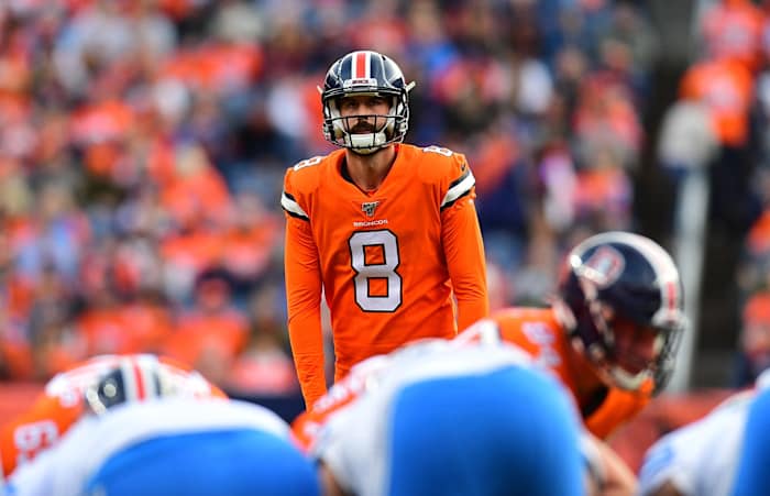 Denver Broncos kicker Brandon McManus (8) lines up a field goal attempt in the second quarter against the Detroit Lions at Empower Field at Mile High.